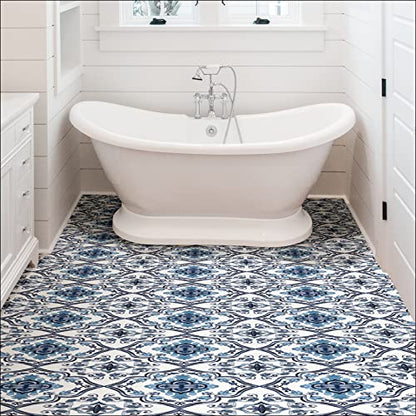 FloorPops Marrakesh Peel and Stick Floor Tiles, Blue, Floral Vinyl Floor Tiles, Water Resistant, 12 in x 12 in, Pack of 10 - size: 12"L x 12"W x 0.06"T