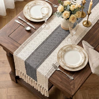 Boho Macrame Table Runner with Tassels 48in Grey Farmhouse Runner - color: White & Grey, size: 12'' x 48''