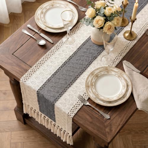 Boho Macrame Table Runner with Tassels 72in Grey Farmhouse Runner - color: White & Grey, size: 12'' x 72''
