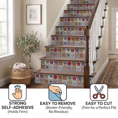 6 Sheets 9x9 Inch Peel and Stick Tile Backsplash Stickers, Talavera Mexican Spanish Mediterranean Vinyl Wall Tiles, Waterproof Self-Adhesive Removable DIY Decals for Kitchen Bathroom - color: Red