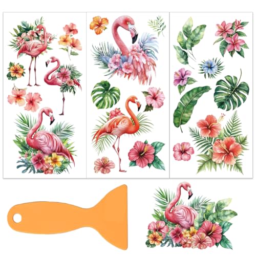 OLYCRAFT 3pcs/Set Flamingo Rub on Transfers for Furniture and Crafts 6x12 Inch Tropical Flower Furniture Decals Transfer Stickers Rub on Decal with 1pc Scraper for Wood Furniture Home Decoration - style: Flamingo