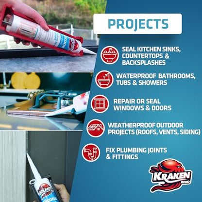 Kraken Bond RTV Silicone Sealant Translucent (1 x 10.1 fl.oz.)%100 Waterproof Silicone Caulk Kitchen and Bathroom, All Purpose, Window Caulking Sealant Outdoor, RV, 1 Pack - color: Transculent, size: 1 Pack