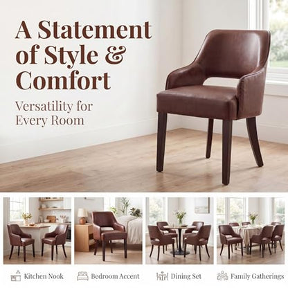 chairus Farmhouse Dining Chairs with Arms Set of 4, Brown PU Leather Upholstered Kitchen & Dining Room Chairs, Curved Open Back Chairs with Walnut Solid Wood Legs & Thick Cushion, Brown - color: Brown