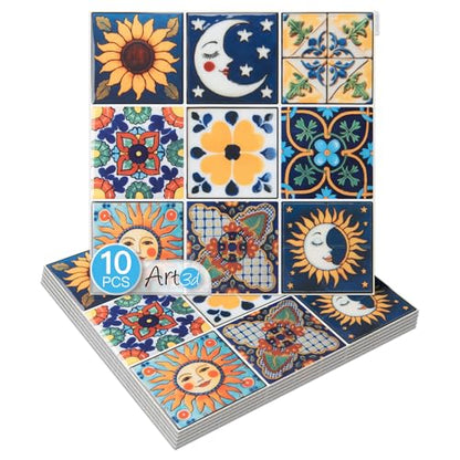 Art3d Talavera Design Peel and Stick Backsplash, 10-Pack, Sun & Moon Floral - color: Sun & Moon Floral