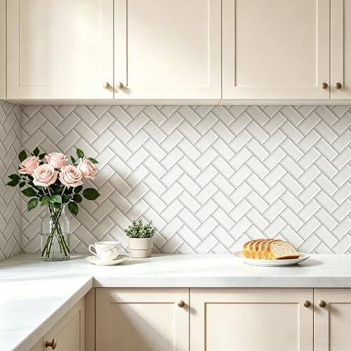 FunStick 17.5"x354" Herringbone White Wallpaper Peel and Stick Kitchen Backsplash Wallpaper Tile Contact Paper for Countertops Self Adhesive Vinyl Wall Paper Roll for Kitchen Bathroom Walls Waterproof - size: 17.5 x 354 Inches