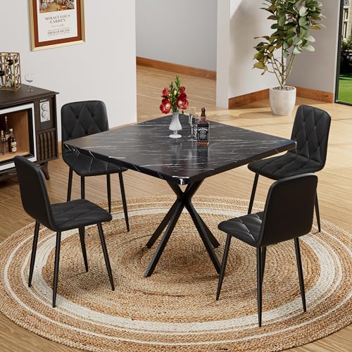 5-Piece Dining Table Set with 4 Chairs, Faux Marble, 39 Inch, Black - color: Black