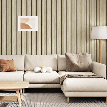 Beige Oak Peel and Stick Wood Panels 3D Textured Acoustic Wood Slats Panel for Wall 11.8"x197" Self Adhesive Soundproof Wooden Slatted Panel Wallpaper for Bedroom Office Studio Wall Decor - size: 11.8" x 197"