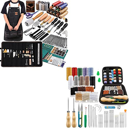 Tikjiua 59 Pcs Leather Sewing Kit and Leather Working Tools for Beginners Kit with Apron and Leather Tooling Bag, Leather Tools for Leather Stamping, Carving, Sewing, Beveling, Cutting, Leather Crafti