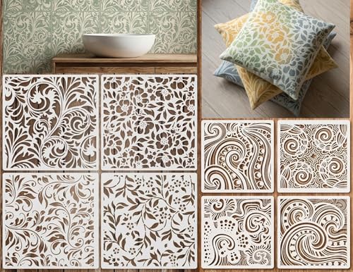 Retro Floral Pattern Painting Stencils Set - 8Inch/6Inch Reusable Flower Vine Swirl Stencil Templates for DIY Crafts, Wall Art, Furniture & Fabric Decor, Smooth PET Template for Acrylic & Spray Paint