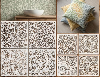 Retro Floral Pattern Painting Stencils Set - 8Inch/6Inch Reusable Flower Vine Swirl Stencil Templates for DIY Crafts, Wall Art, Furniture & Fabric Decor, Smooth PET Template for Acrylic & Spray Paint