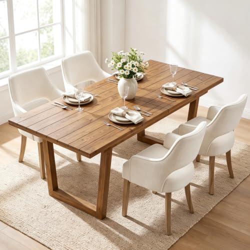 chairus Farmhouse Dining Chairs Set of 4 with Arms, Upholstered Linen Fabric Kitchen & Dining Room Chairs, Curved Open Back Chairs with Solid Wood Legs & Thick Cushion for Dining/Living Room, Cream - color: Cream