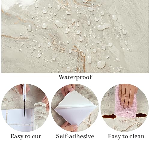 VaryPaper 15.7''x78.7'' Glossy Marble Wallpaper, Beige-Grey-Gold, Peel and Stick, Self-Adhesive, Thick, Durable, Removable, Waterproof, for Countertops, Kitchen, Bathroom, Desk, DIY Projects - color: Glossy-Beige Grey Gold, size: 15.7" x 78.7"