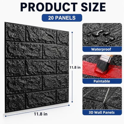 3D Wall Panels Peel and Stick Faux Foam Brick Wallpaper Covering - color: Black, size: 20 Pcs