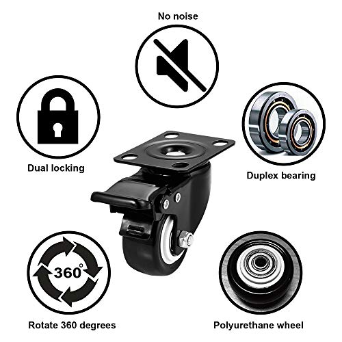 2" Swivel Casters Set of 4, Heavy Duty Locking Casters with Brakes - color: Black, size: 2 inch