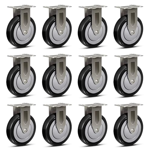 5" Stainless Steel Casters, Swivel Industrial Heavy Duty Caster Wheels, Anti-Corrosion Polyurethane Casters for Hospitals Food Labs, Each Caster Load 350 lbs (12 Rigid) - style: 12 Rigid