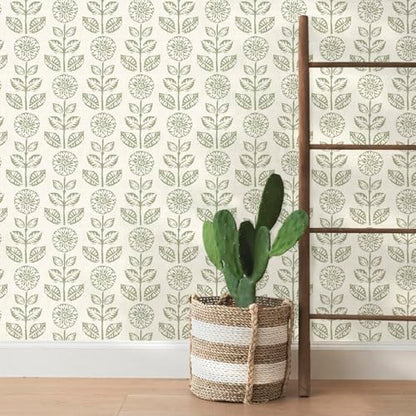Wudnaye Floral Wallpaper Peel and Stick Boho Contact Paper 17.7in×196.8in - color: Green, size: 17.7" x 196.8"