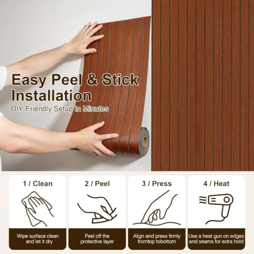 Yun-aeon Peel and Stick Slat Wall Panel 15.75"X118" PVC Self-Adhesive Thick Medium Walnut Wood Grain Wallpaper Panel 3D Soundproof Wall Panels for Walls - color: Walnut 15.7*118in