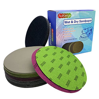 40 PCS Wet Dry Sandpaper Grit (1000 1500 2000 3000) with 1 PCS Professional Interface Pad,6 Inch Silicon Carbide Hook & Loop Sanding Disc for Auto Metal Wood Daily Polishing - style: 6in-41pcs(Grit 1000-3000)