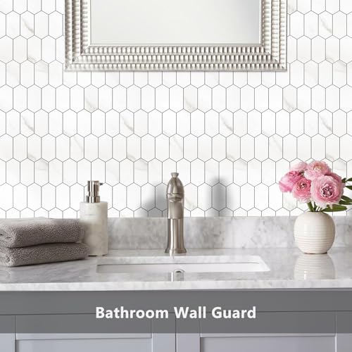 Vamos Tile Long Hexagon Peel and Stick Backsplash Tile - 10 Sheets Stick on Backsplash for Kitchen and Bathroom 12.4 x 12 Inch White Marble Look PVC Self Adhesive Mosaic Wall Tiles - color: ‎Statuary Marble Look