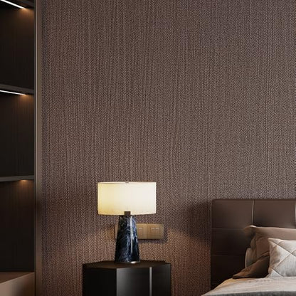 24"x393" Brown Fabric Peel and Stick Linen Textured Wallpaper - color: Dark Brown