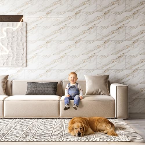 Marble Peel and Stick Backsplash 23.6 x11.8 in, 10PCS - color: Yellow-Gray Marble