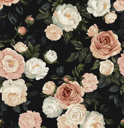 Laatse Dark Floral Rose Peel and Stick Wallpaper 17.5" x 118",Black/White - color: Pink&White, size: 118" x 17.5"