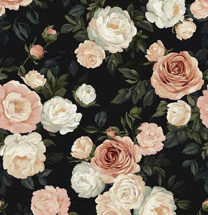 Laatse Dark Floral Rose Peel and Stick Wallpaper 17.5" x 118",Black/White - color: Pink&White, size: 118" x 17.5"