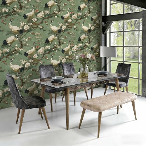 Chinoiserie Botanical Wallpaper, Crane Floral Peel and Stick Wallpaper - color: ML-M090, size: 17.7" x 236"