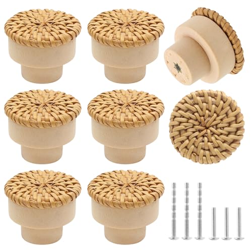12 Pack 1-1/2" Rattan Boho Cabinet Knobs with Screws - color: Natural Color - 12 Pack