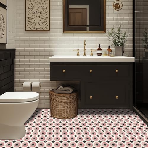 HOMETITUTE Pink Geometric Circle 12x12 Inch Peel Stick Vinyl Floor Tile - style: Pink Geometric Circle