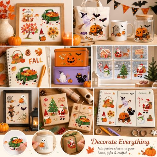 WANDIC 3 Sheets Rub On Transfer Stickers, Autumn Halloween Christmas Combo Set Waterproof Decal for Furniture Wood Scrapbook Crafts Journal Card Making - color: Autumn & Halloween & X Mas