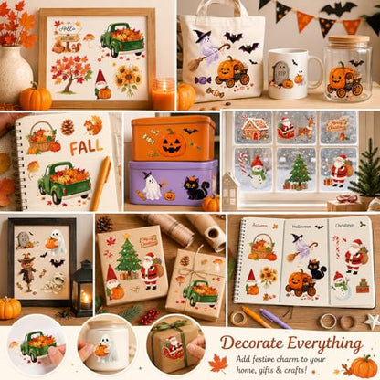 WANDIC 3 Sheets Rub On Transfer Stickers, Autumn Halloween Christmas Combo Set Waterproof Decal for Furniture Wood Scrapbook Crafts Journal Card Making - color: Autumn & Halloween & X Mas