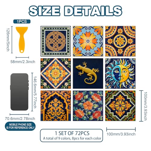 72 Pcs 9 Style Spanish Motifs Style Peel and Stick Wall Tile Sticker Retro Pattern Wall Stickers Waterproof Self Adhesive Stick on Tile Decals for Kitchen Bathroom Art Decor, 4×4 Inch - style: Spanish Motifs