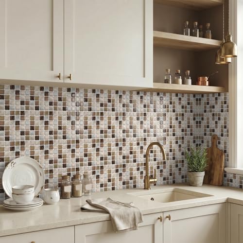 URCOLOR 20 Sheets 3D Self-Adhesive Mosaic Backsplash Tile Peel and Stick - color: Beige Brown