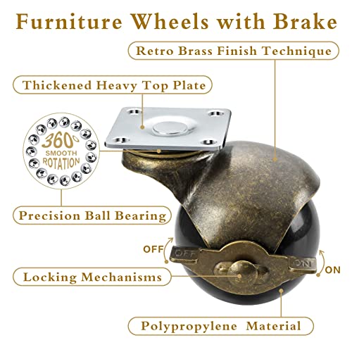 JGJC 2" Vintage Brass Solid Caster Wheels with Brake 4-Pack, 360° Swivel