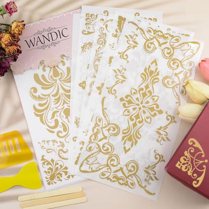 WANDIC 6 Sheets Rub on Transfer Stickers, Gold Line Floral Border Pattern Decorative Furniture DIY Stickers Decals for Scrapbook Present Boxes,15 * 30cm (Pack of 3)