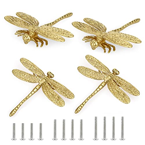 JUXYES Unique Gold Dragonfly Handle Pulls Knobs for Cabinets and Drawers - size: Pack of 4