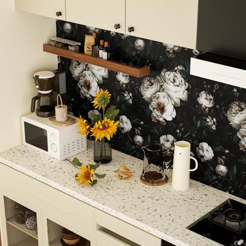 Laatse Dark Black Floral Wallpaper Peel and Stick 17.5" × 118" - color: Black/White, size: 17.5" x 118"