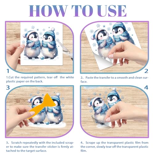 GLOBLELAND 4 Sheets Christmas Winter Penguins Furniture Transfers Stickers 6x12inch Snowman Rub on Transfer UV Self-Adhesive Stickers Wall Art Craft for Bedroom Living Room Table Decoration - style: Penguin