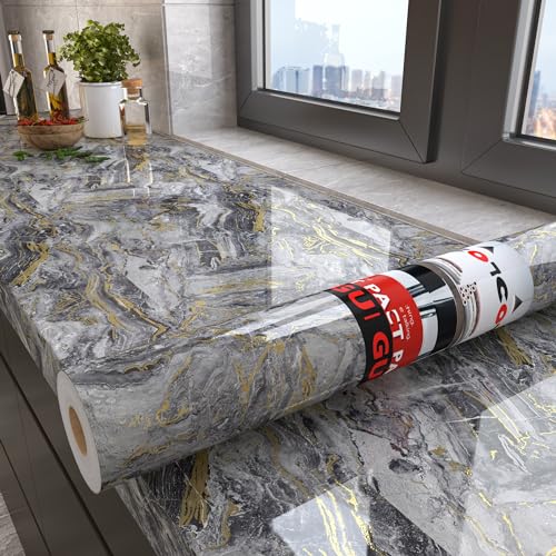 Decotalk Grey Gold Marble Contact Paper Peel and Stick 17.7"x200" Marble Countertop Contact Paper Waterproof Grey Granite Contact Paper Marble Wallpaper Removable Glossy Marble Contact Paper for Table - size: 17.7" x 200"
