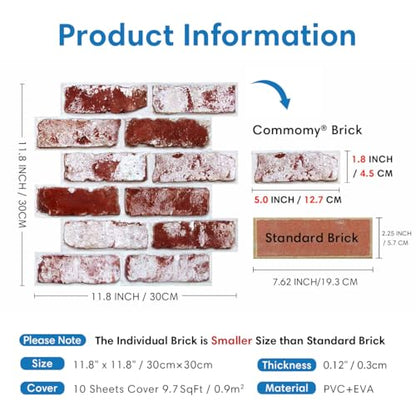 COMSTICKC 3D Faux Brick Wall Panels Peel and Stick, 10 Pcs 11.8" x 11.8" - color: Whitewash Red - 2