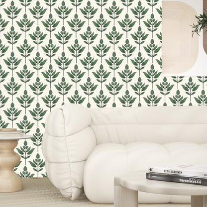 BOKEBEVE Boho Leaf Peel Stick Wallpaper Damask Beige Green 17.5 x 118In - color: Beige/Green, size: 17.5" x 118"