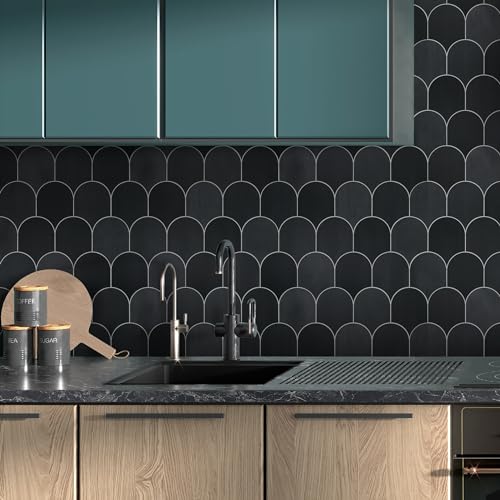 10-Sheet Fish Scale Peel and Stick Backsplash Tile, 11.4" x 10.9" Stone Composite Scallop Handmade Looks Self-Adhesive Wall Tiles for Kitchen Bathroom, Black Mixed - color: Black Mixed, size: Fish Scale