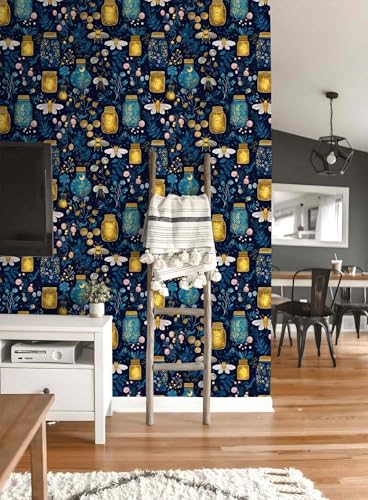 Enchanted Firefly Jar Peel and Stick Wallpaper, Night Botanical Wallpaper - color: ML-M036, size: 17.7" x 236"