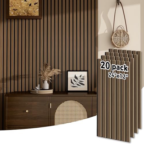 Wood Slatwall Panels, 20 Pack 24" x 12"/60 x30cm(40ft²) Acoustic Wall Panels, Soundproof Wood Slat Panel, 3D Fluted Sound Absorbing Paneling for Wall Decor, Living Room, Bedroom, Walnut - color: Dark Walnut