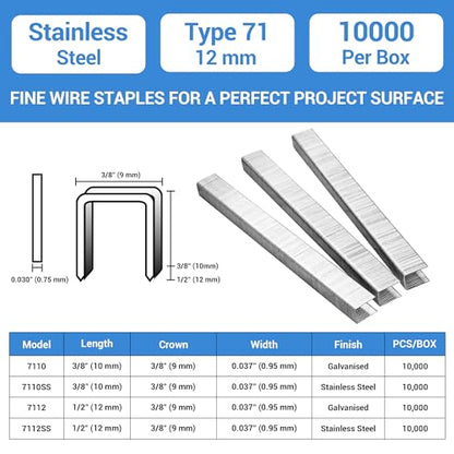 meite 71/12 22 Gauge 304 Stainless Steel Upholstery Staples, 3/8-Inch Crown with 1/2-Inch Leg Length, Heavy Duty Staples for Construction, Furniture, Crafts & DIY Projects (1 Box) - size: 1/2" (12 mm), style: 1 Box