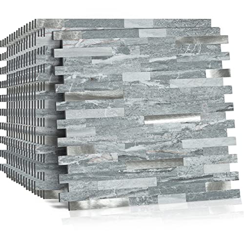 Midcard 10 Sheets Peel and Stick Backsplash PVC Wall Tile,for Kitchen Backsplash - color: Rectangular Dark blue with metallic silver