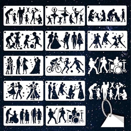 12 Sheets Human Silhouette Stencils for Painting, 12 Styles Dancing Person Drawing Templates Family Silhouette Plastic Art Templates for Painting on Wall Wood Home Decor, 240x120mm - style: Human Silhouette