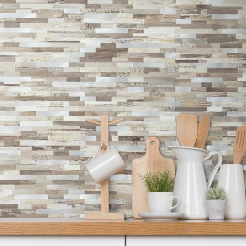 AULIGET Peel and Stick Backsplash, Beige Wood Look PVC Mixed Metal Stick on Bathroom Backsplash, 2 - color: Beige Wood + Metal Silver, size: 2 Sheets, 6"x12"x0.12"