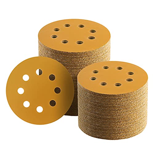 100 Pcs 5 Inch Sanding Discs Hook and Loop, 8 Hole Gold Premium 800 Grit Dustless Random Orbit Sandpaper for Woodworking or Automotive - style: 800 Grit-100 Discs
